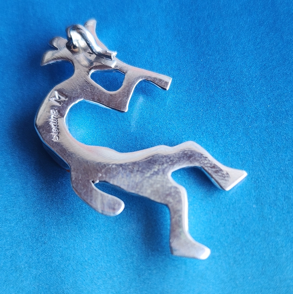 Silver Kokopelli Brooch with Apple Coral and Malachite Accents~ - Picture 2 of 8
